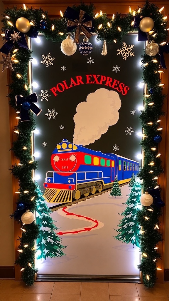 A festive door decorated with Polar Express theme, featuring lights, snowflakes, and a train graphic.